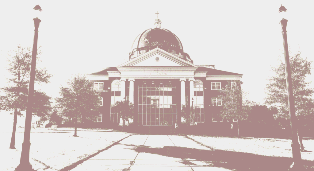 A sepia-toned image of a large domed building with columns at the entrance and the word THEOLOGY above the door; two lamp posts and several trees line the walkway leading to the front.