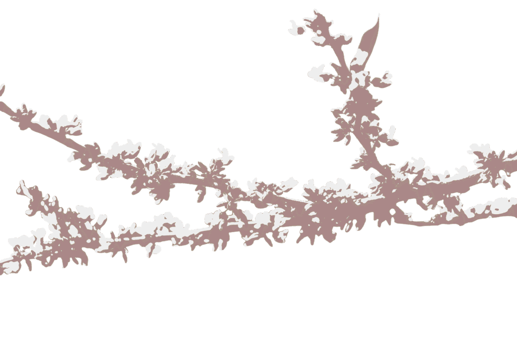 A digitally stylized illustration of a tree branch with small leaves and flowers against a plain white background. The image uses shades of brown and beige, creating a minimalist, high-contrast effect.