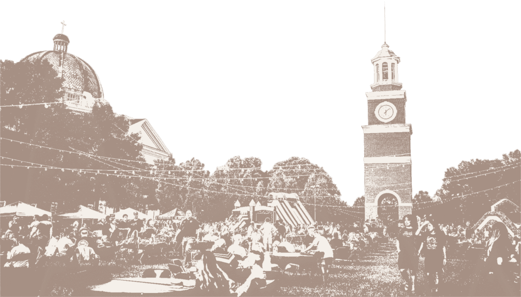 A sepia-toned image shows a crowded outdoor event with people sitting at tables and walking. String lights hang overhead. A domed building and a clock tower are visible in the background among trees.
