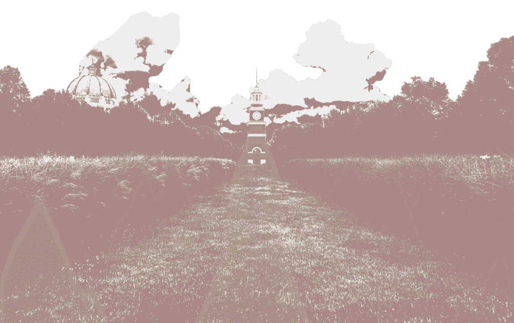 Sepia-toned image of a grassy path lined with tall grass, leading toward a clock tower in the center. Trees and a domed building are visible in the background under a partly cloudy sky.