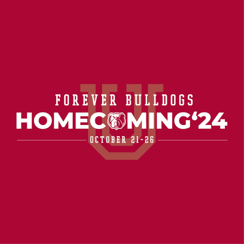 Maroon graphic with text: “Forever Bulldogs Union Homecoming ’24, October 21-26.” A stylized bulldog and large faded letter U appear in the background, highlighting this exciting event.