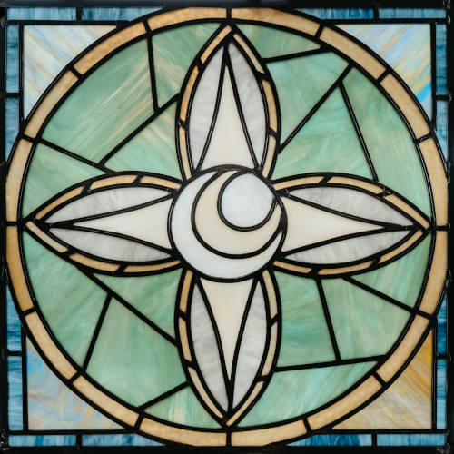 A stained glass window features a circular design with a central crescent moon, surrounded by four petal-like shapes and geometric green and blue segments, outlined in black lead—reminiscent of the artistry found on Psallos’ new album of congregational hymns.