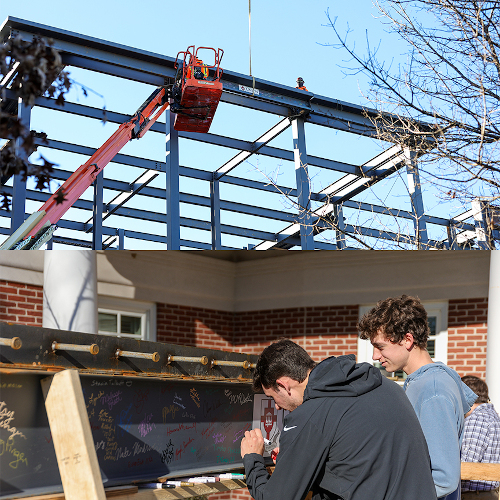 A two-part image: Top, workers on a raised platform assemble a steel frame for the new academic building. Bottom, people at a topping out ceremony sign a steel beam covered in colorful signatures, with Union’s brick building in the background.