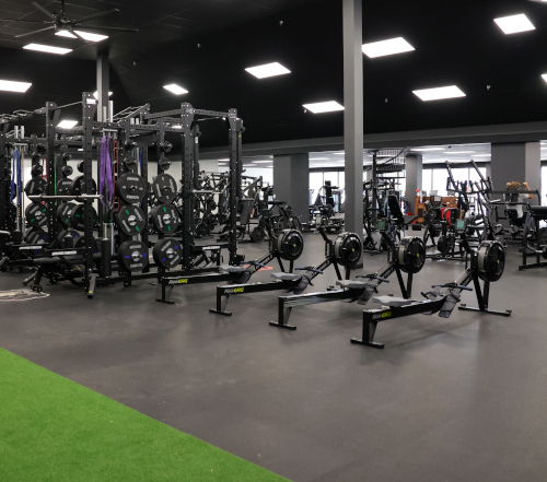 A spacious Wellness Center gym with weight racks, rowing machines, and more. The black floor features a green turf strip. Well-lit with overhead lights, it offers free access for Tennessee Baptist pastors.