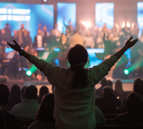 A person with arms raised faces a stage with bright lights and a large group of performers, while an audience sits and watches in a dimly lit indoor venue.