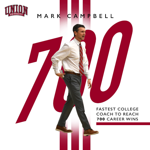 A man in a white shirt and red tie walks in front of large maroon numbers 700. Text says Campbell, fastest to 700 wins as a college basketball coach, and shows the Union University logo.