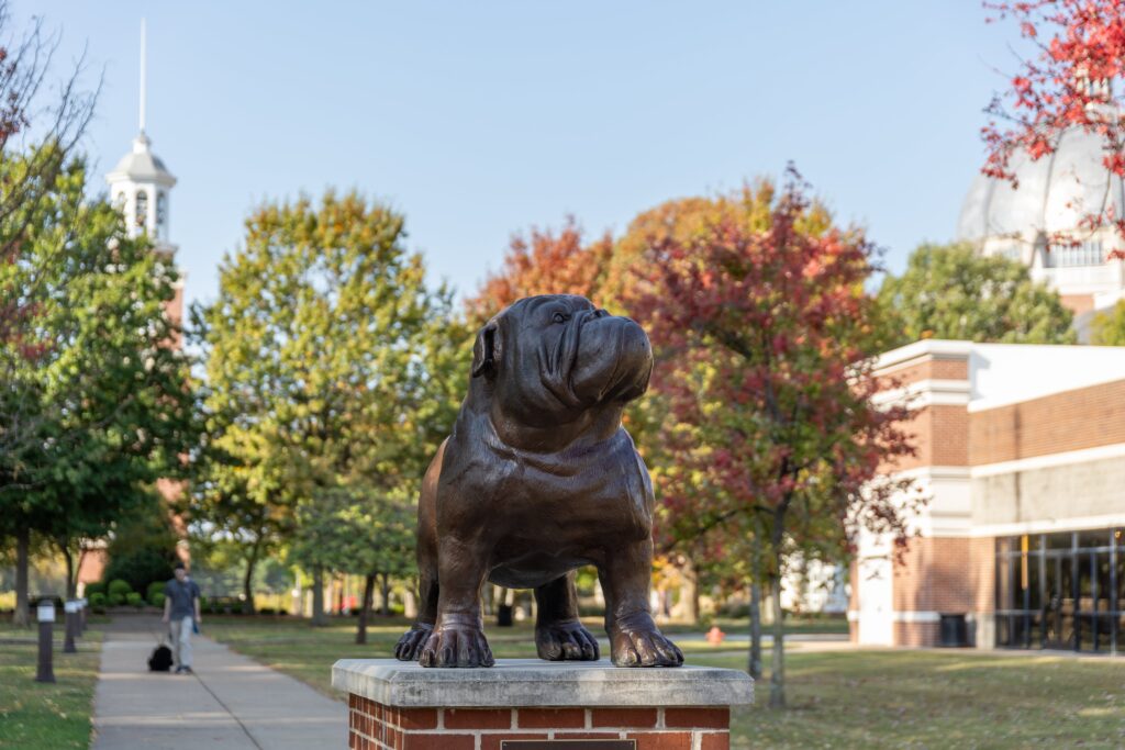 A bronze bulldog statue stands on a brick pedestal outdoors, surrounded by trees with autumn foliage. A person walks a dog on a path in the background, and campus buildings are visible under a clear sky.