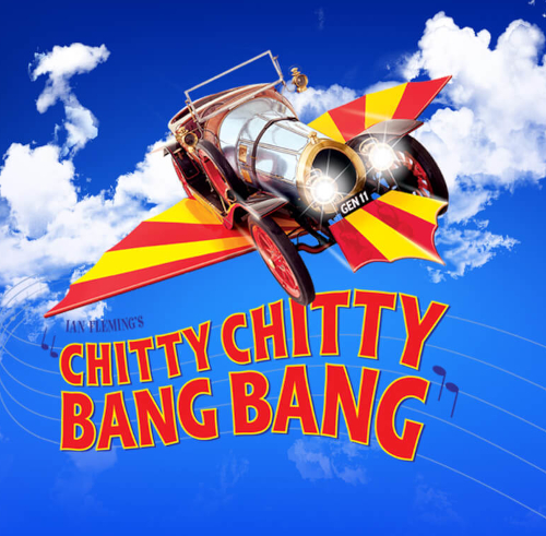 A vintage car with red and yellow wings flies through a blue sky with clouds. The words Chitty Chitty Bang Bang are in bold below the car, with musical notes and 