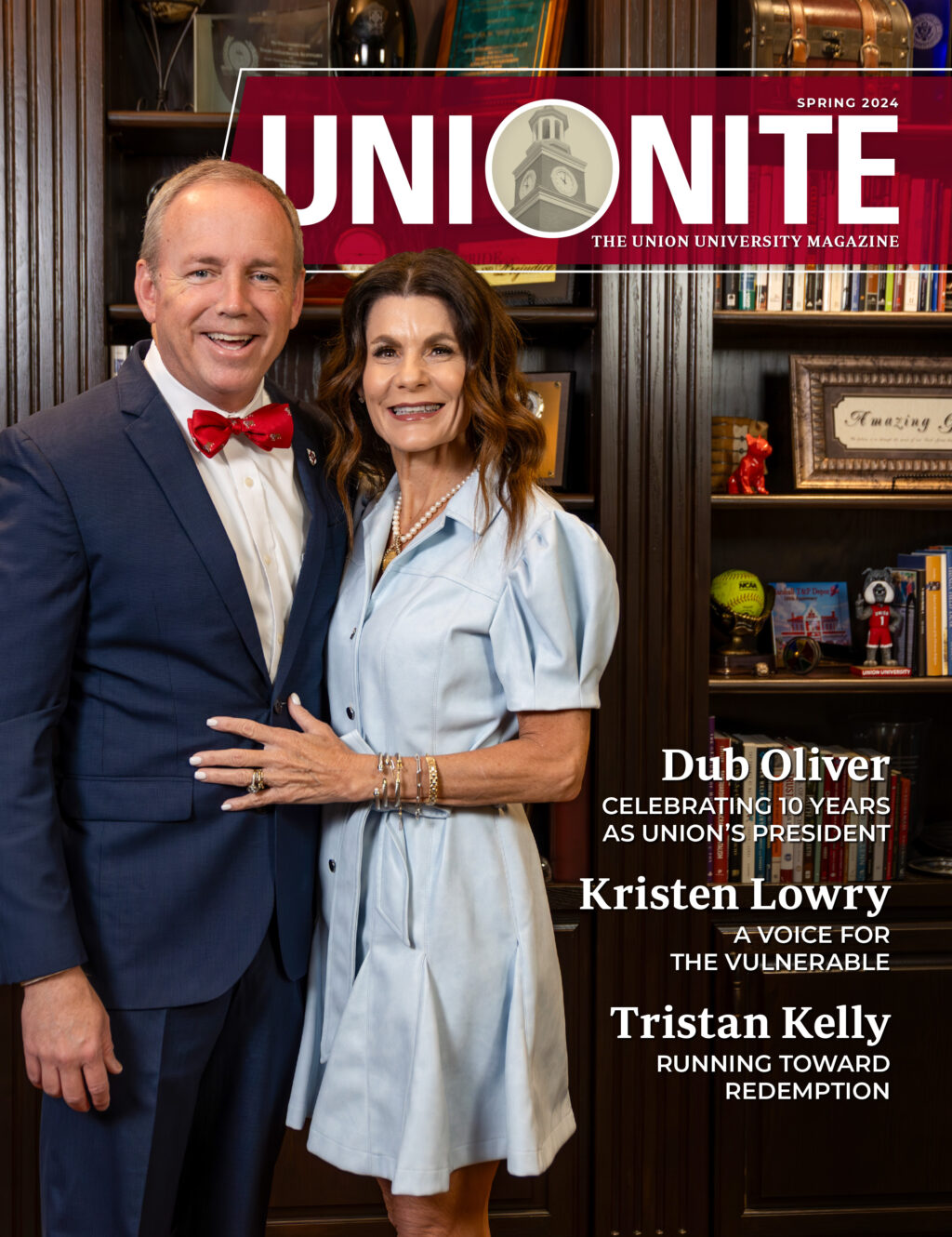 A man in a suit with a red bow tie stands beside a woman in a light blue dress, both smiling, in an office with bookshelves. The cover headline reads UNIONITE: The Union University Magazine, Spring 2024.