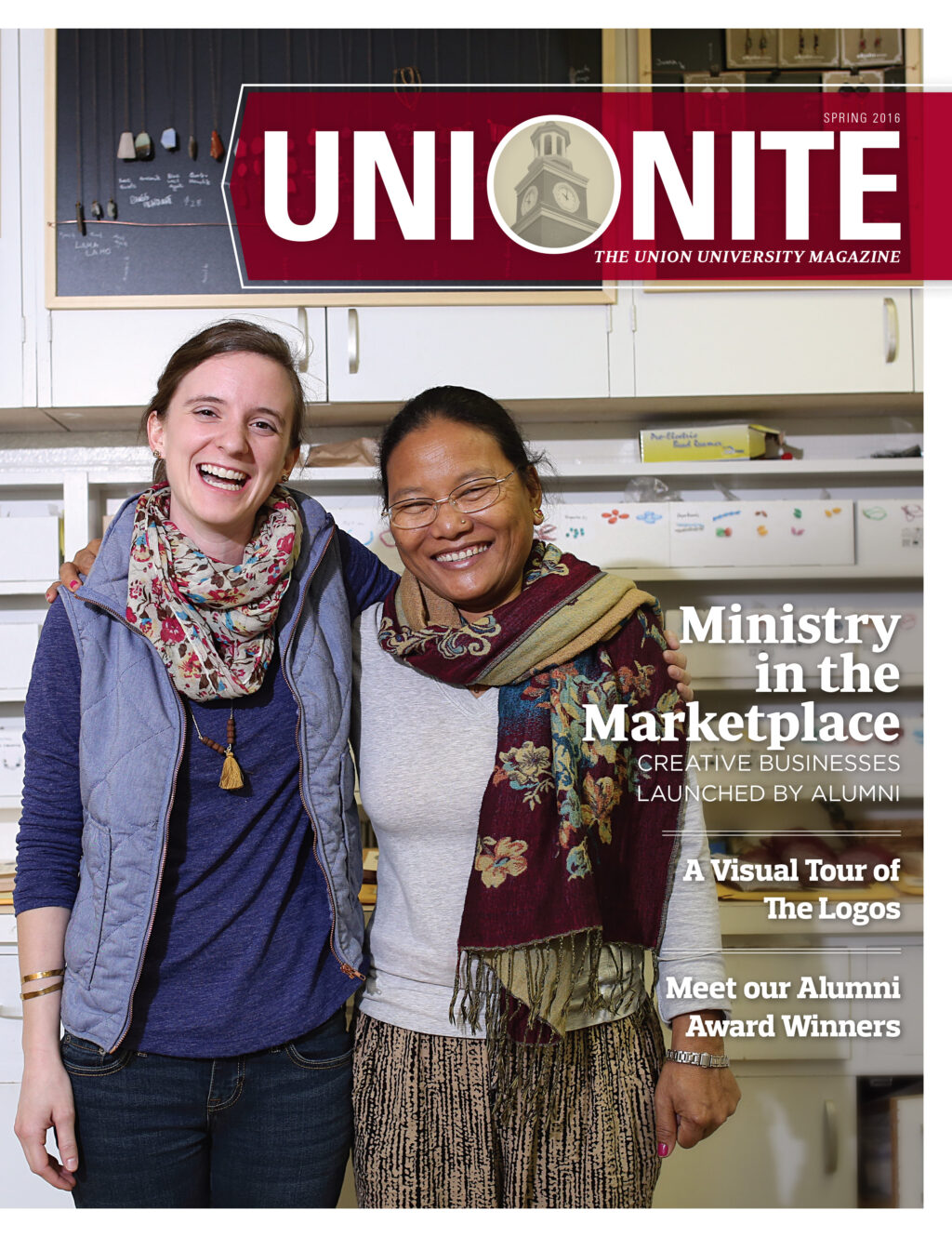 Two women stand side by side, smiling, with arms around each other in a kitchen setting. They are on the cover of a university magazine titled “UNIONITE.” Text highlights alumni businesses and other features.