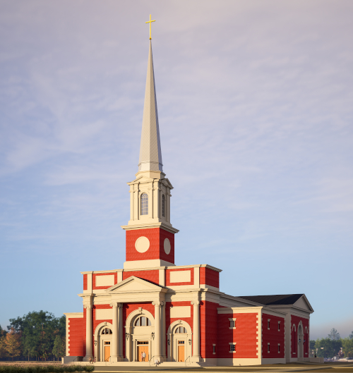 A red brick church with tall white columns, arched windows, and a tall white steeple topped with a gold cross stands against a blue sky and trees—a striking new chapel marking a groundbreaking union of tradition and beauty.