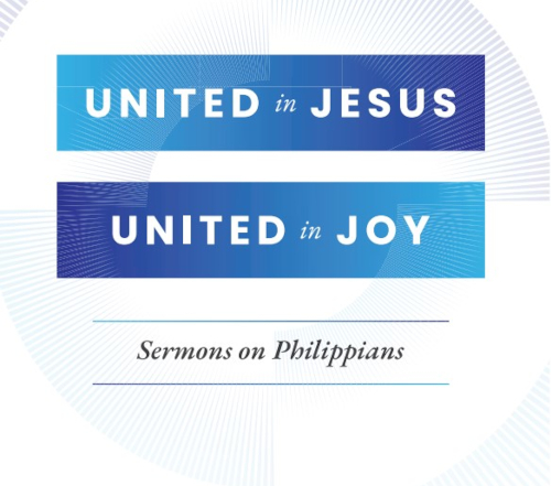 A graphic with blue gradient blocks reading UNITED in JESUS and UNITED in JOY. Below, text says Philippians sermons for pastors and professors against a white background with subtle blue circular patterns.