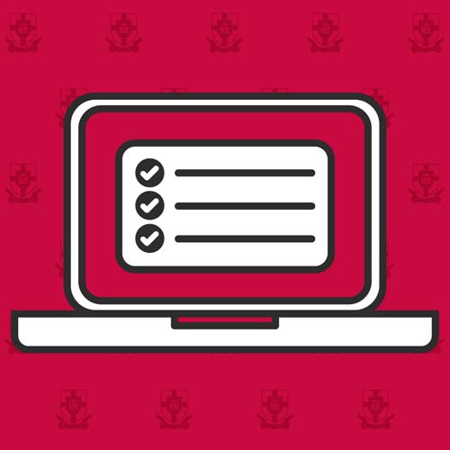 A graphic of a laptop displaying a checklist with three checked items on its screen, set against a red background with a repeating subtle crest pattern—perfect for students seeking tips for successful online learning.