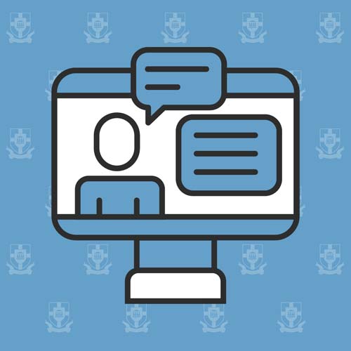 An illustration of a computer monitor displaying a person icon and speech bubbles, suggesting online teaching. The background is blue with a repeating pattern of a shield-like emblem.