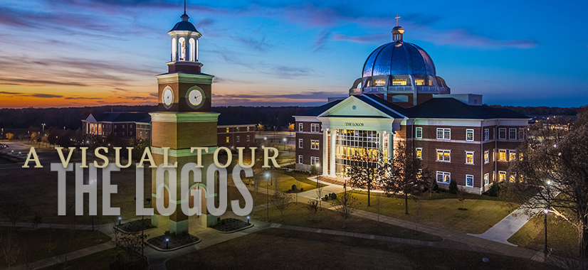 A domed building and a clock tower are illuminated at dusk on a university campus, with the text Visual Tour: Logos overlaid. The sky glows blue and orange as the sun sets, setting the scene for an inspiring visual tour of logos.
