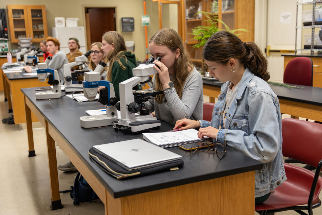 Several students sit at lab benches in a classroom using microscopes and examining papers, with laptops, notebooks, and laboratory equipment visible—immersed in their Conservation Biology degree studies.