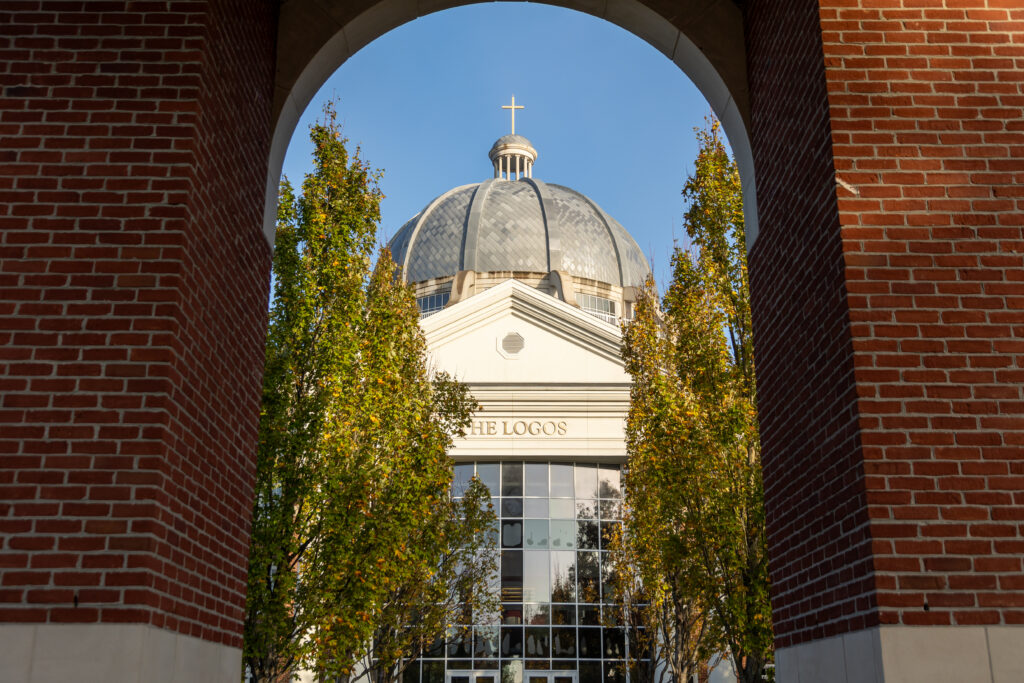 Logos through Miller Tower