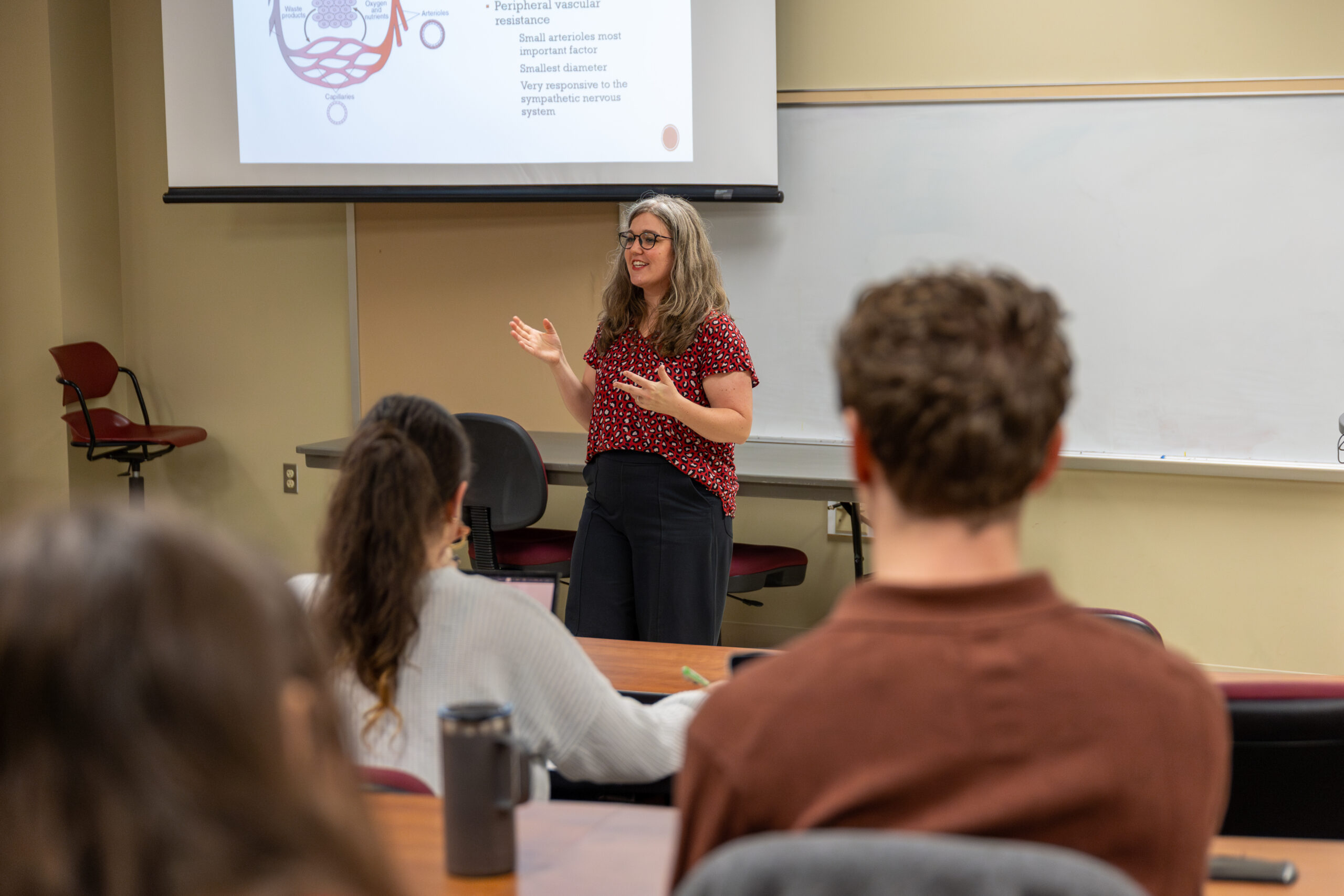 A woman stands at the front of a classroom giving an education-focused presentation to seated students. A projection screen behind her displays a diagram with text. Desks, chairs, and a whiteboard are also visible in the room.