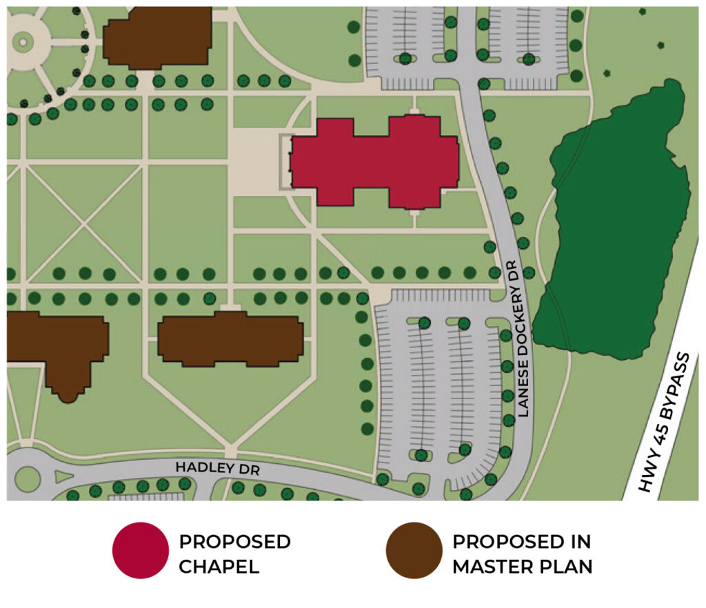 Map showing a campus with buildings, parking lots, and roads. One building is marked proposed chapel in dark red; others are marked proposed in master plan in brown. Labels include Hadley Dr, Lanes Dockery Dr, and Hwy 45 Bypass.