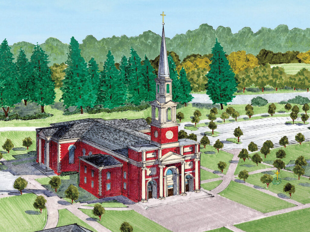 A drawing of a red brick church with a tall steeple and clock tower, surrounded by trees, lawns, paths, and a parking lot, viewed from an elevated angle.