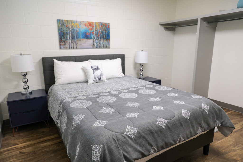 A neatly made bed with a gray patterned comforter, two white pillows, and a decorative pillow showing a cat, flanked by two blue nightstands with lamps. There’s a forest painting above the bed and an empty closet to the right.