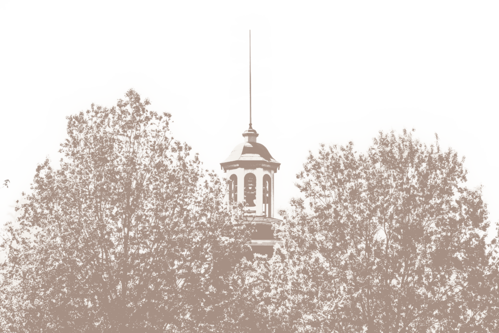 A sepia-toned image of a building’s cupola with a tall spire is partially obscured by trees. The sky in the background is blank. The image has a high-contrast, minimalist style.