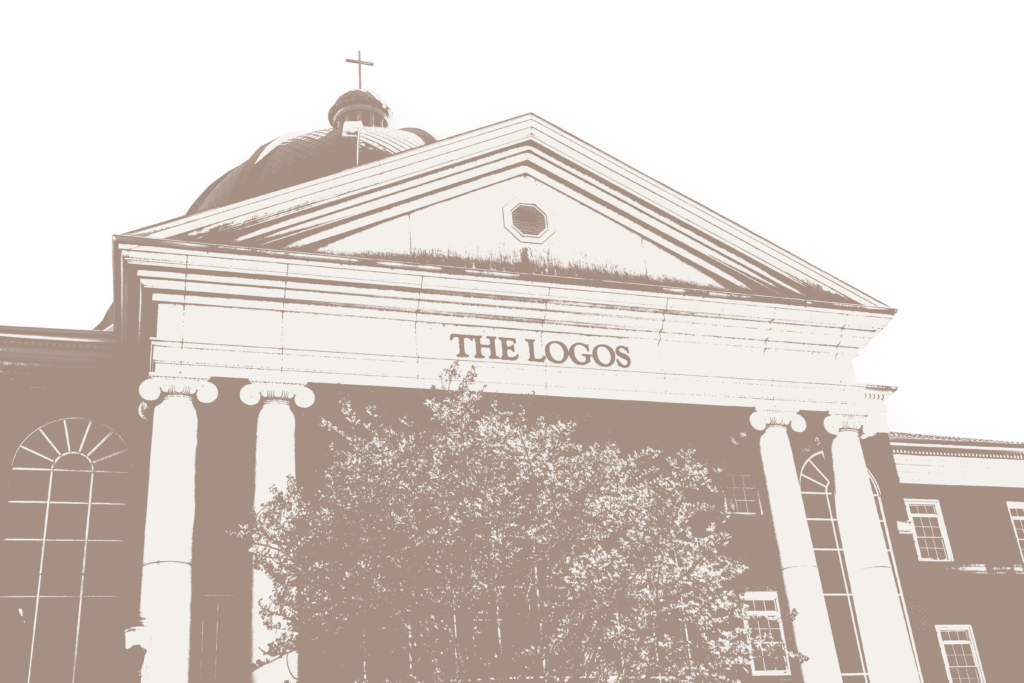 Sepia-toned image of a neoclassical building with tall columns, a dome topped by a cross, and the words THE LOGOS on the front. A tree partially obscures the lower part of the entrance.