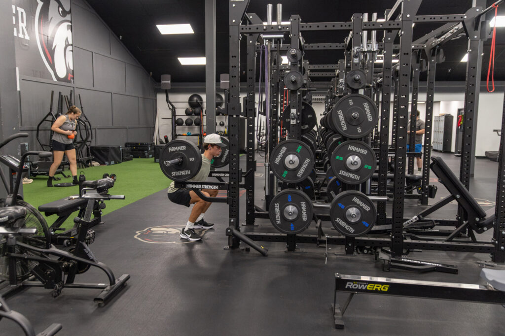 A person in athletic wear squats with a barbell in a gym. Gym equipment, weight plates, and another person using a medicine ball are visible in the background. The flooring is black with some green turf.