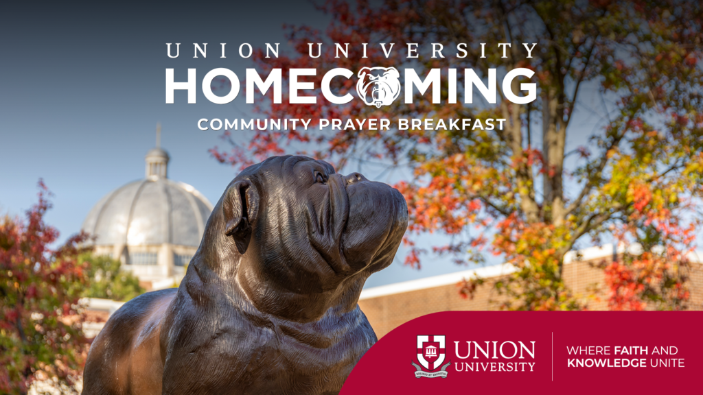Union University Homecoming Community Prayer Breakfast graphic showing a bronze bulldog statue, the campus building, and the school logo.