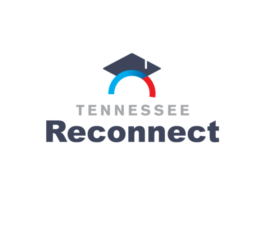 Tennessee Reconnect logo with a blue and red arc under a dark graduation cap, highlighting Graduate Admissions, and the words “Tennessee Reconnect” in bold gray and navy text on a white background.