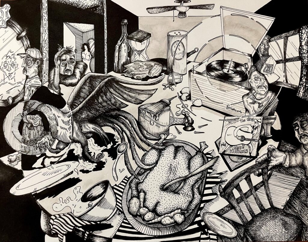 Black and white drawing of a chaotic room with distorted figures, objects like a record player, food, drinks, and a large bird. The scene is crowded and surreal, with dynamic lines and strong contrast in shading—an evocative piece reminiscent of works featured at the Clay Palmer Exhibition in a contemporary art gallery.