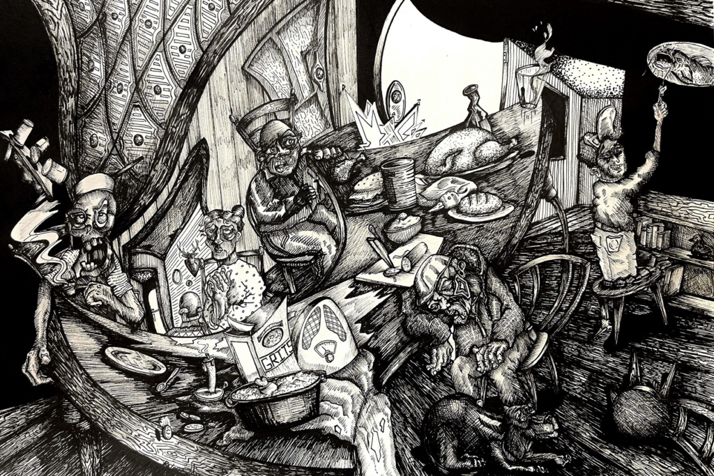 A surreal black-and-white drawing depicts distorted figures eating and drinking at a chaotic, cluttered table, with exaggerated facial features and various foods scattered throughout the warped room.
