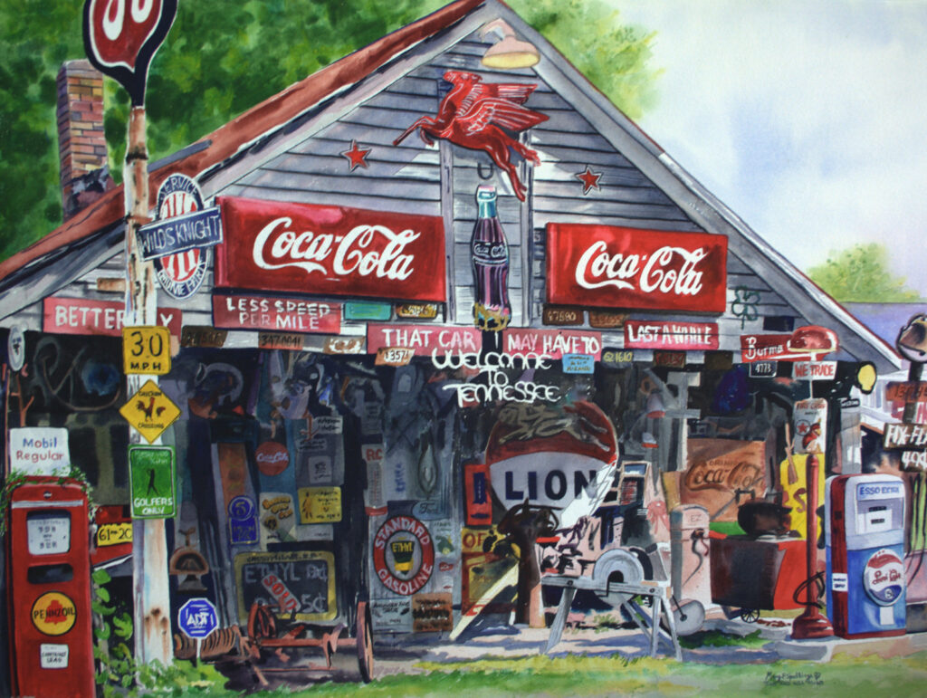 A rustic roadside gas station is covered with vintage signs, including Coca-Cola, Mobil, and Lion Oil. Pumps and old advertisements are visible, with a Welcome to Tennessee sign in front. The setting appears nostalgic and cluttered.